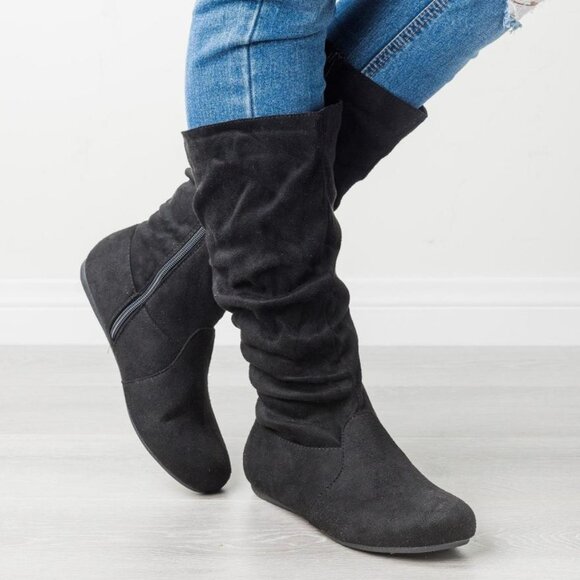 New Black Slouchy Faux Suede Mid Calf Flat Boots Round Toe Zip Pull-On - Picture 1 of 4
